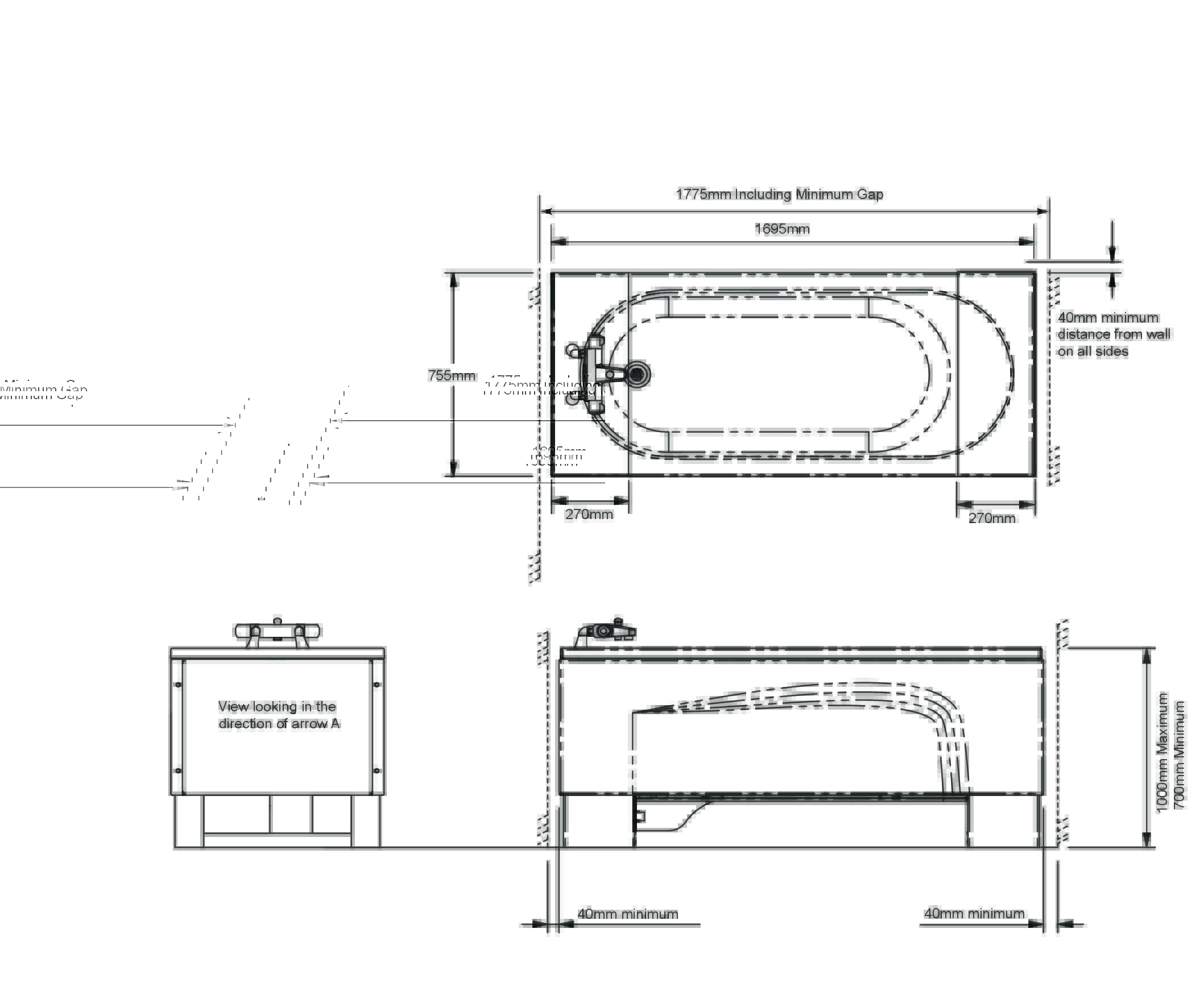 Astor Rio assisted height adjustable bath dimensions